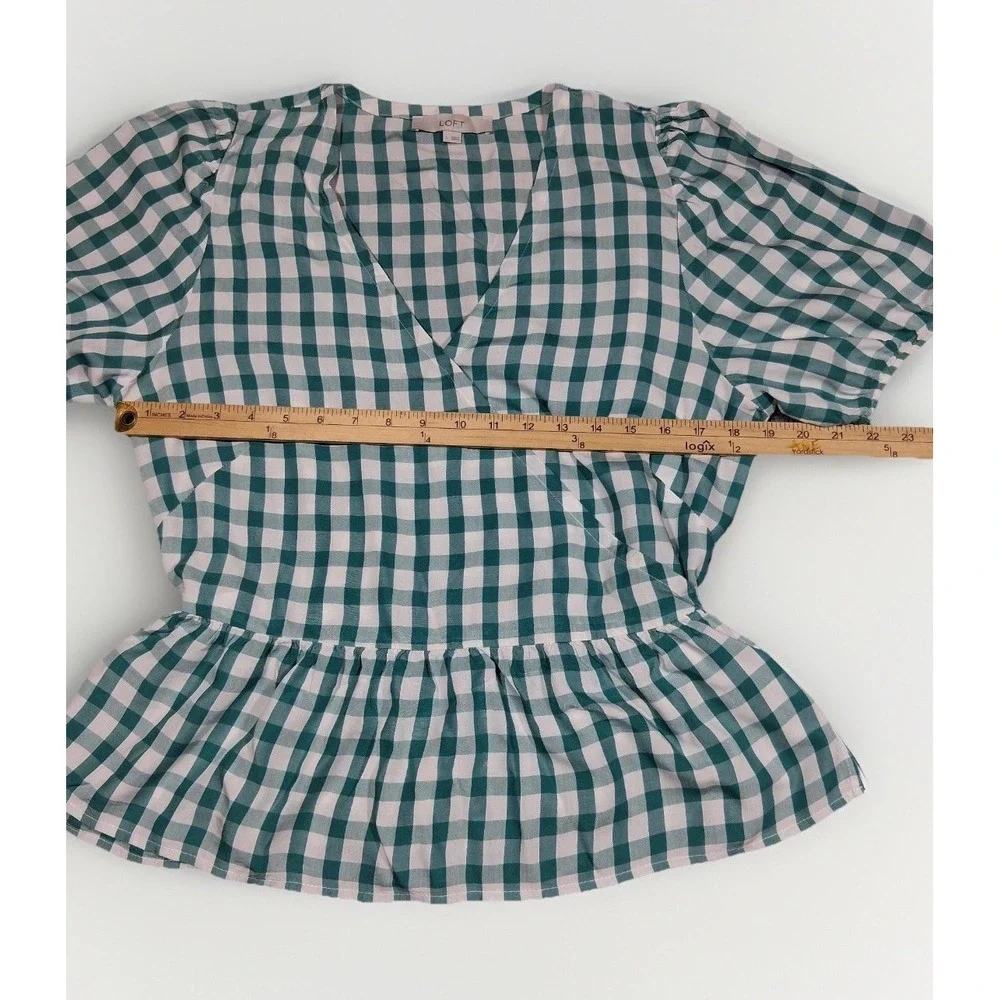 LOFT‎ Womens Green Gingham Puff Sleeve Peplum Wrap Top Size L V-Neck Tie Side